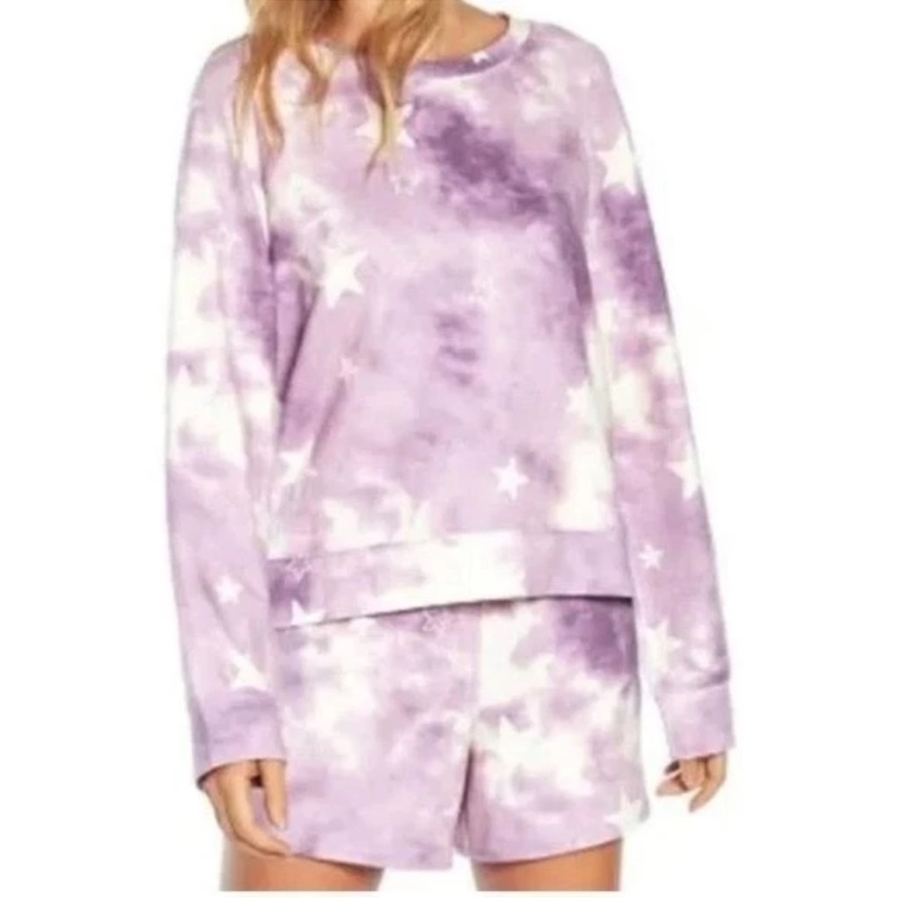 NWT WILDFOX Purple Tie-Dye Stars Sweatshirt & Shorts Lounge Set Size Large $160